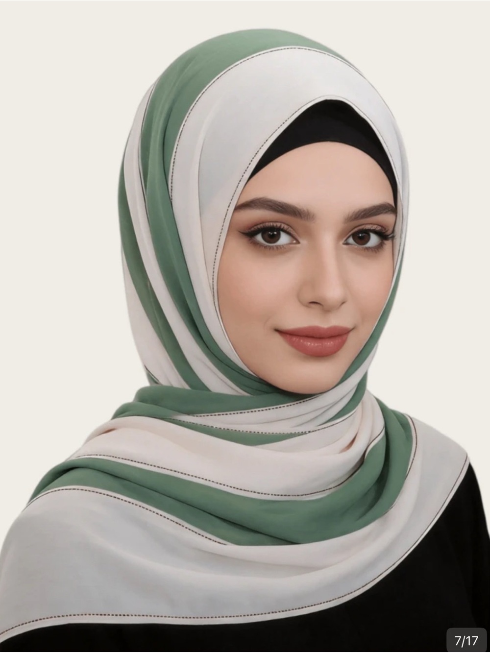 New Chiffon Look Striped stone work Hijab in Sage Green & White